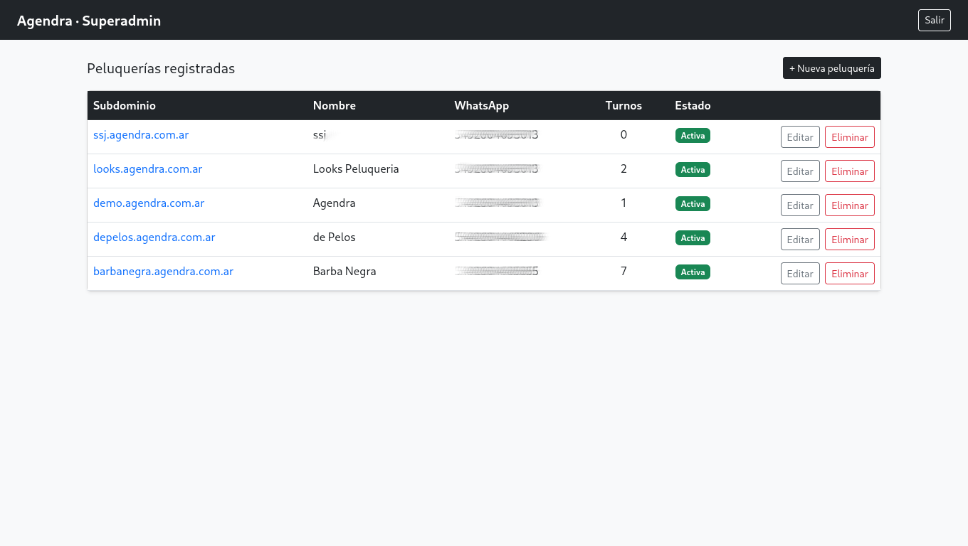 Panel de superadmin listando los negocios registrados en la plataforma, con sus subdominios y estado