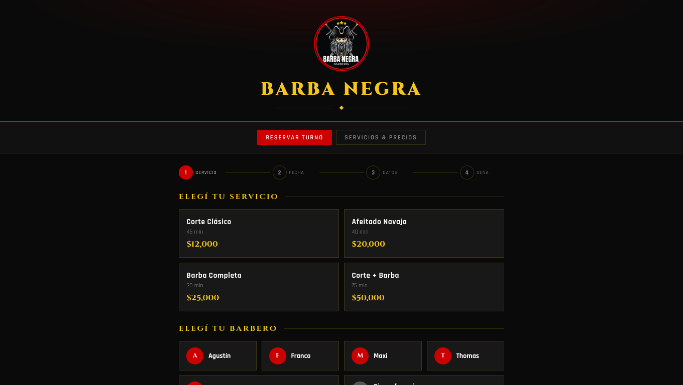 Página de reserva de turnos de Barba Negra, con selección de servicio y barbero
