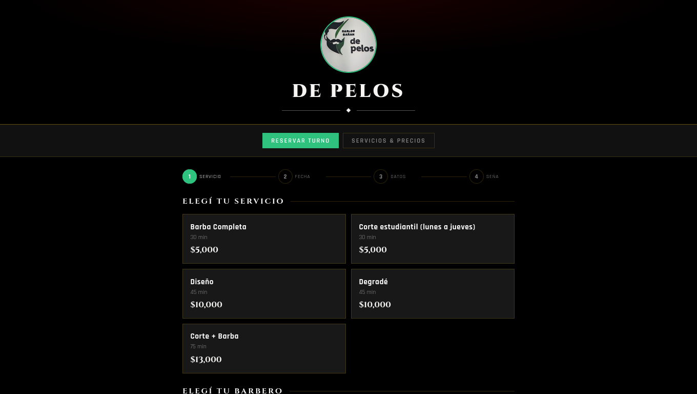 Página de reserva de turnos de De Pelos en un celular